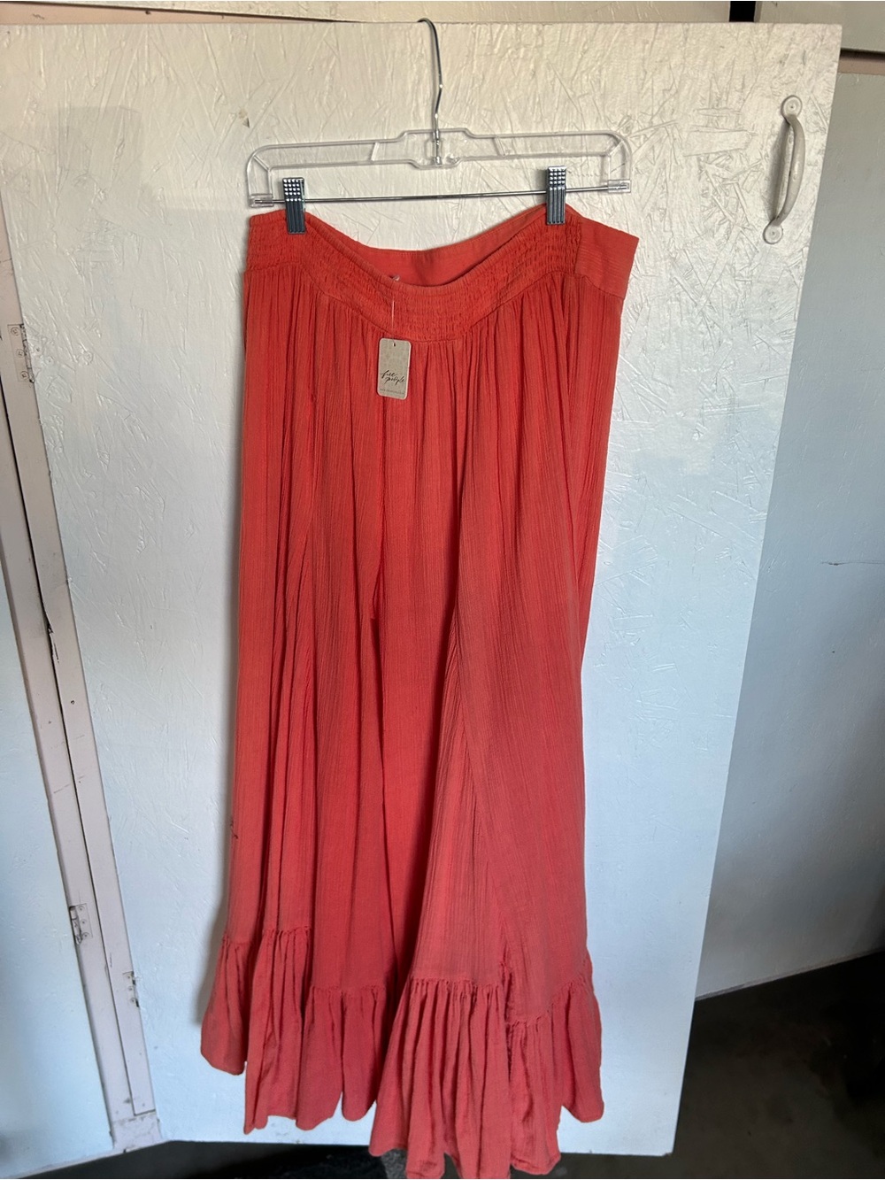 Free People Coral-Red Maxi Skirt with Smocked Waist